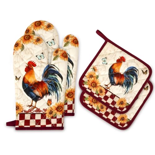 Rooster Oven Mitts and Pot Holders Set (4 Count)