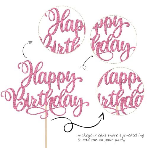 1 PCS Happy Birthday Cake Topper Glitter Happy Birthday Cake Pick for Celebrating Happy Birthday Anniversary Party Cake Decorations Supplies Pink