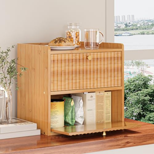 Rustic Bread Box for Kitchen Countertop Bamboo Bread Storage Container Bin Double Layer BreadBox Farmhouse Large Capacity Food Organizer