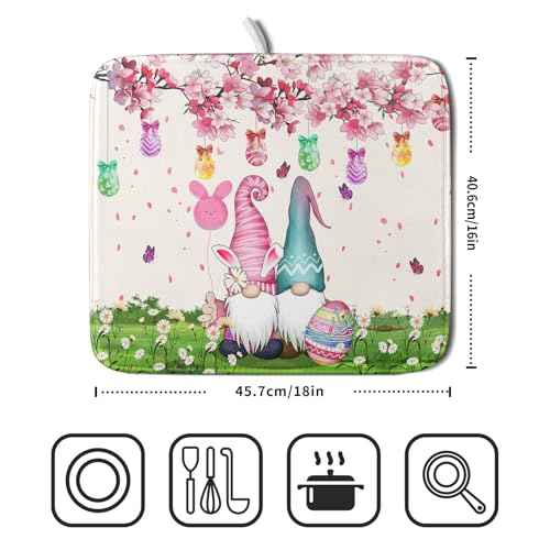Easter Gnome Dish Drying Mat Floral Eggs Bunny Kitchen Drainer Mat 16x18 inch Absorbent Holiday Fast Dry Pad Protector for Counter Tabletop