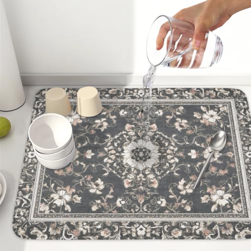 Boho Floral Dish Drying Mat Grey Leaves Dishes Drainer Pad 18x24 Inch Microfiber Absorbent Kitchen Dry Rack Mat for Counter Tableware Decor