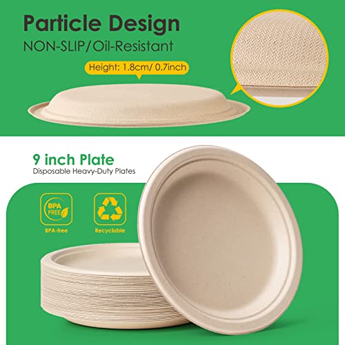 100% Compostable Plates 9 Inch 150 Pack Disposable Plates Heavy (150 Count)