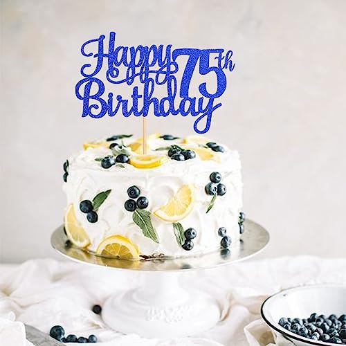 1 PCS Happy 75th Birthday Cake Topper Glitter Cheers to 75 Years Birthday Cake Pick Seventy Five 75 Fabulous Cake Decoration for Happy 75th Birthday Theme Party Decorations Supplies Blue