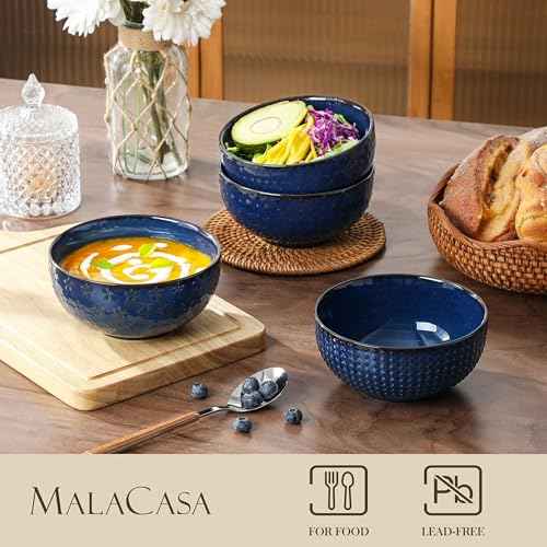 Cereal Bowls 30 Ounce Ceramic Blue Soup Bowl for Kitchen (4 Count)