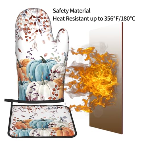Fall Orange Pumpkin Oven Mitt Potholders Sets Eucalyptus Leaves Heat Resistant Oven Glove Set of 2 Kitchen Hot Pads for Cooking Baking BBQ
