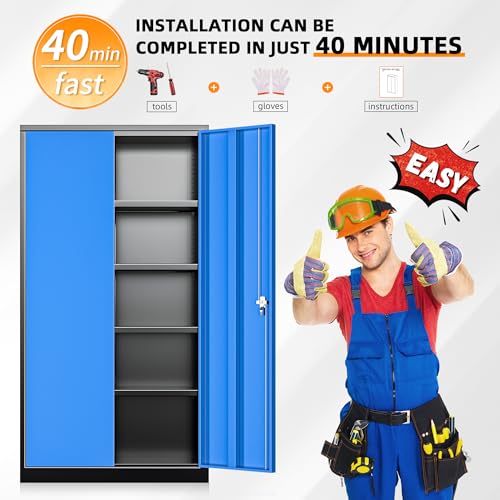 Metal Storage Cabinets 72” Black Blue Garage Steel Storage Cabinet with Doors and Shelves