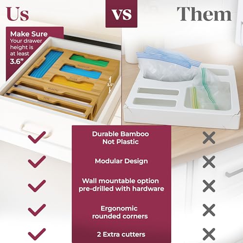 Bamboo Food Storage Bag Organizer for Drawer with Foil & Plastic Wrap Dispenser