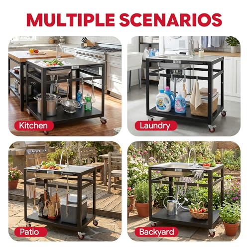 35" Movable Outdoor Grill Cart with Stainless Steel Sink & Faucet