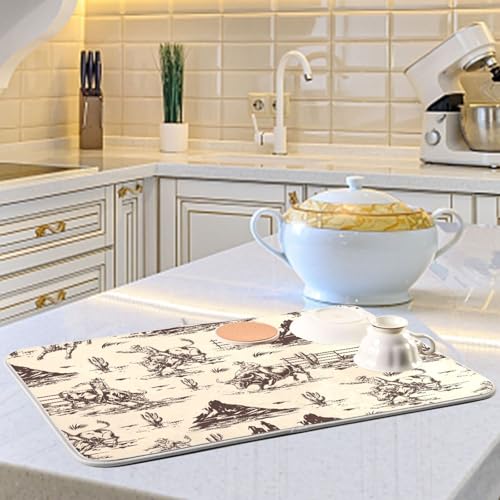 West Cactus Cowboy Dish Drying Mat for Kitchen Counter Absorbent Microfiber Drying Pad