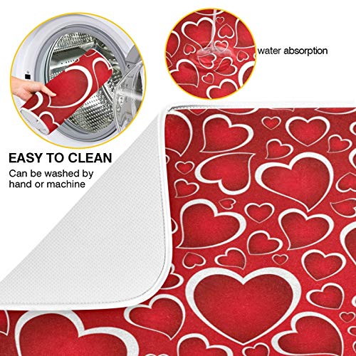 Valentines Day Red Hearts Dish Drying Mat for Kitchen Counter Absorbent Microfiber Large Drying Pad Dish mats for Kitchen Countertops 18 x 24 Inch