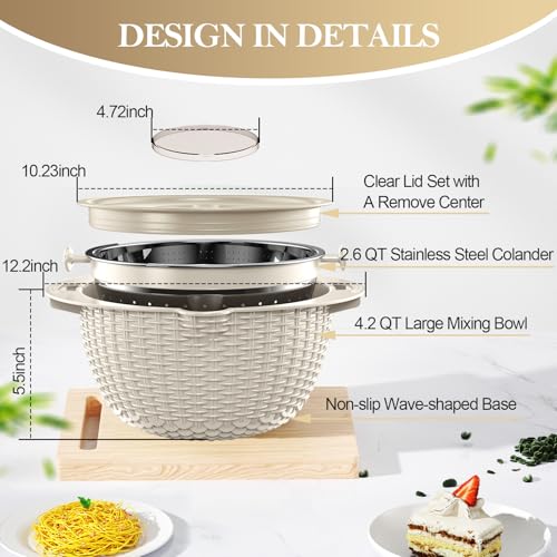 4-in-1 Colander with Bowl Set — Patented 360° Rotatable Strainer Bowl with 3 Graters, Snap-On Lid & Non-Slip Base, Funny Kitchen Present for Women, Aesthetic Pasta Fruit Vegetable Strainer (Beige)