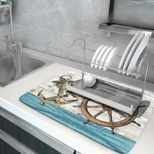 Nautical Anchor Dish Drying Mat 18x24 inch Coastal Boat Fast Dry Microfiber Reversible Dish Drainer Pad Kitchen Countertop Tabletop Decor