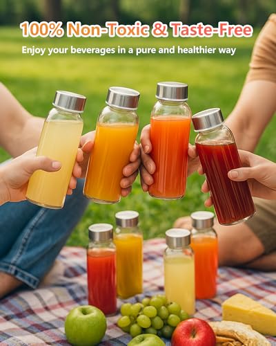 10 oz Glass Juice Bottles with Stainless Steel Gold Lid Leak Proof (8 Count)