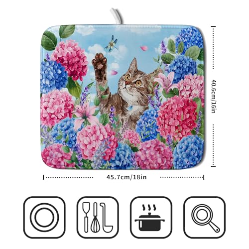 Hydrangea Floral Dish Drying Mat Cute Cat Microfiber Absorbent Dish Drying Pad for Kitchen Counter 16 X 18