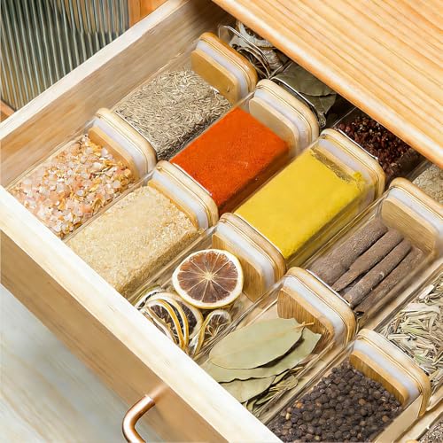Square Glass Spice Jars with Labels 8 oz 6 Pack with Bamboo Lids (6 Count)