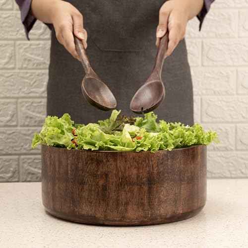 12" Dark Burnt Wooden Salad Bowl Set with Serving Utensils Eco