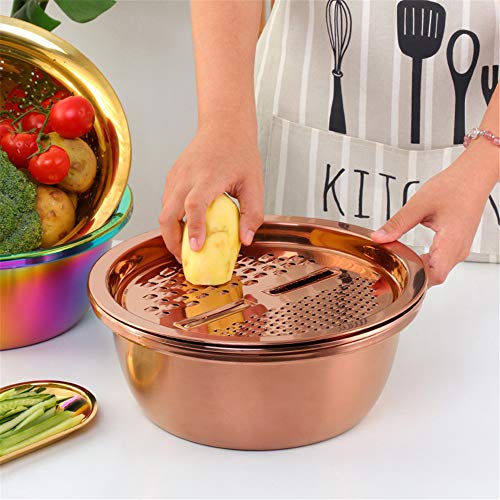 3-In-1 Multifunctional Grater Basin Colander Strainer Set, Mingcheng Stainless Steel Kitchen Grater/Drain Basket/Bottom Basin for Washing Rice, Fruits, Vegetable, Grater with Container (Rainbow) (3 Count)