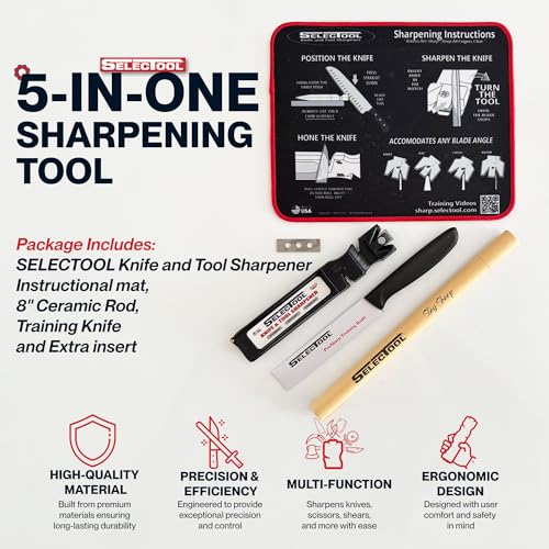 5-in-1 Knife Sharpening System - Knife Maintenance Kit with Knife Sharpener Tool, Honing Rod, Training Knife, Replacement Blade & Mat for Kitchen Knives, Scissors & Outdoor Tools (5 Count)