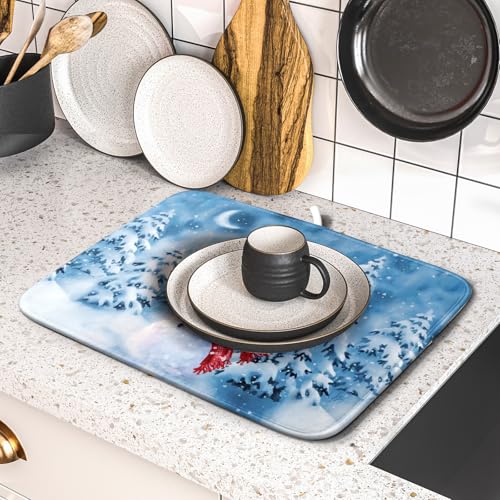 Blue Snowman Dish Drying Mat Winter Pine Tree Drainer Rack Mats 16x18 Inch Absorbent Fast Dry Dish Pad Protector Kitchen Counter Accessories