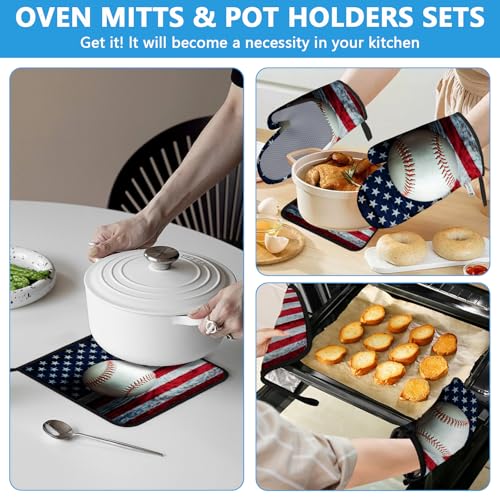American Flag Baseball Oven Mitts and Pot Holders Sets Heat Resistant 4Pcs Potholders Oven Gloves Hot Pads for Kitchen Baking Cooking Grilling BBQ (4 Count)