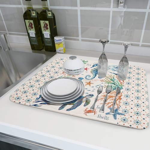 Nautical Coastal Dish Drying Mat Sea Turtle Seahorse Dish Drainer Pad 18"x24" Microfiber Reversible Fast Dry Pad for Kitchen Counter Decor