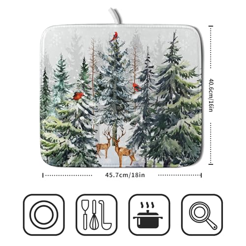Pine Tree Dish Drying Mat for Kitchen Counter 16x18 Inch Forest Deer Absorbent Dishes Drainer Mats Reversible Microfiber Quick Dry Rack Pad