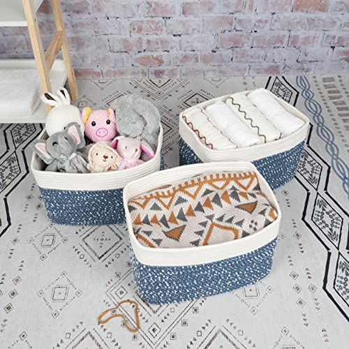 Woven Cotton Rope Storage Baskets 15x10x9.3" 3 Pack White and Blue