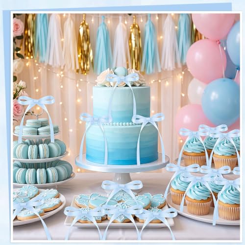 30 Pack Bow Cake Toppers Light Blue Ribbons Bows for Cake (30 Count)