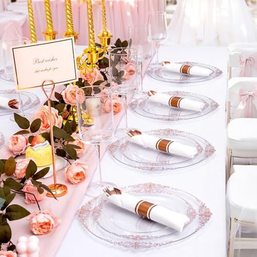 400PCS Pre Rolled Rose Gold Plastic Silverware Heavy Duty for Party (400 Count)