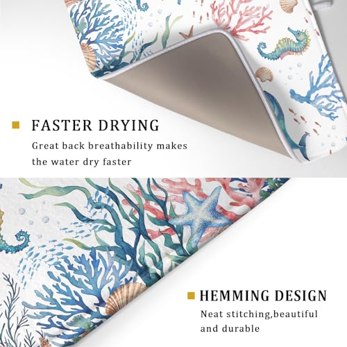 Coastal Ocean Dish Drying Mat Seahorse Whales Drainer Rack Mats 18"x24" Absorbent Microfiber Dish Drying Pad Protector for Kitchen Counter