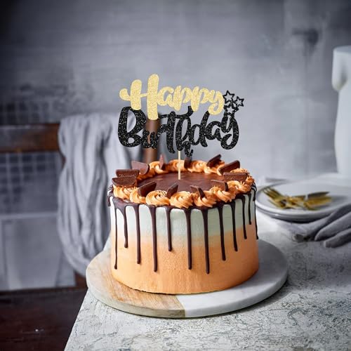 1Pcs Happy Birthday Cake Topper Glitter Cake Pick for Celebrating Anniversary Theme Party Cake Decorations Supplies Black Gold