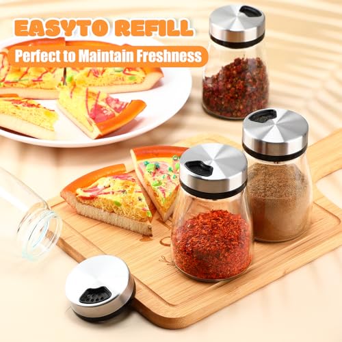 10 Pcs Salt Pepper Shakers Set with Adjustable Pour Holes Stainless Steel Spice Dispenser 6oz Clear Glass Seasoning Containers for Kitchen Restaurant Home BBQ Camping Farmhouse Accessories (10 Count)