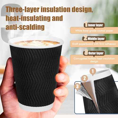 12 oz Disposable Paper Coffee Cups with Lids & Straws (50 Count)