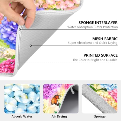 Hydrangea Flowers with Butterfly Dish Drying Mat for Kitchen Counter Absorbent Microfiber Large Drying Pad Dish mats for Kitchen Countertops 18 x 24 Inch