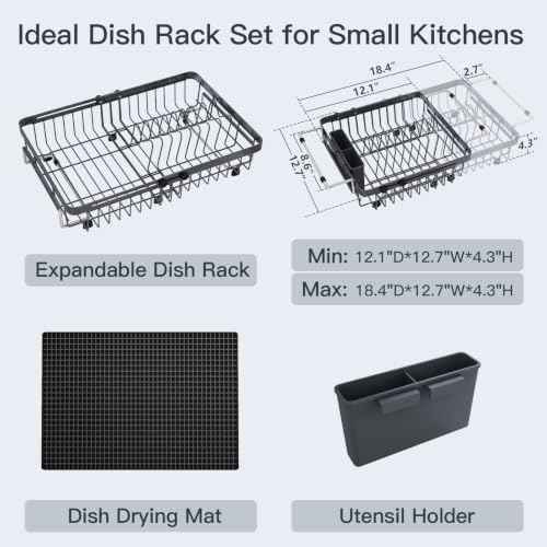 Grey Expandable Dish Drying Rack Over Sink with Extra Drying Mat