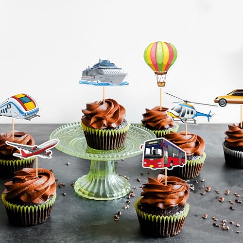 24Pcs Printed Transportation Cupcake Toppers Train Hot Air Balloon Motorcycle Bus Boat Airplane Cupcake Picks for Transportation Theme Baby Shower Boys Girls Birthday Party Decorations