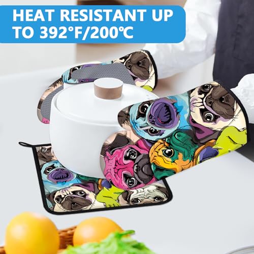 Colorful Pug Dog Face Oven Mitts and Pot Holders Sets Heat Resistant 4Pcs Potholders Oven Gloves Hot Pads for Kitchen Baking Cooking Grilling BBQ (4 Count)