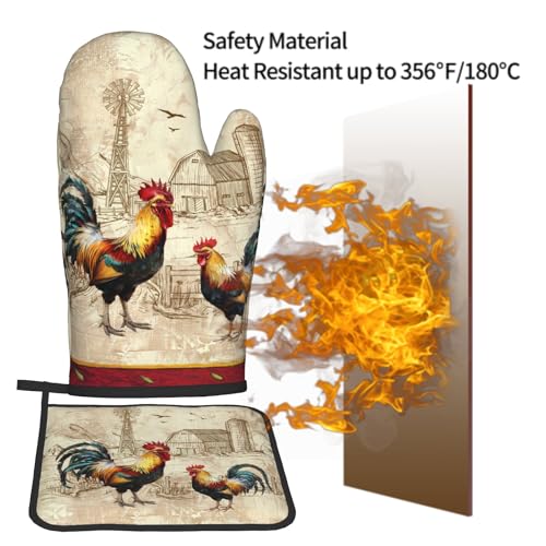 Farm Rooster Oven Mitts and Pot Holder Set of 2 Rustic Chicken Kitchen Potholders Heat Resistant Oven Glove for Baking Cooking Grilling BBQ