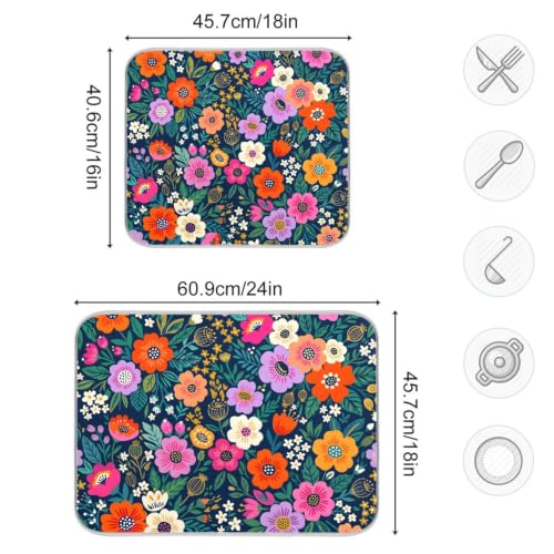 Flower Floral Dish Drying Mat for Kitchen Counter Absorbent Microfiber Drying Pad