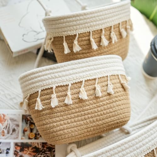3 Tier Cotton Rope Baskets with Tassels Over the Door Wall Hanging Baskets for Nursery (33.12 Ounce)