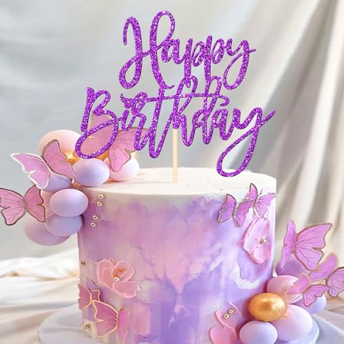 1 PCS Happy Birthday Cake Topper Glitter Happy Birthday Cake Pick for Celebrating Happy Birthday Anniversary Theme Party Cake Decorations Supplies Purple