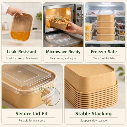 50 Pack 35oz Disposable Kraft Paper Bowls【with Lids and Forks】 (50 Count)