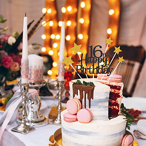 Black Gold 16th Birthday Cake Topper with Glittery Stars (7 Count)