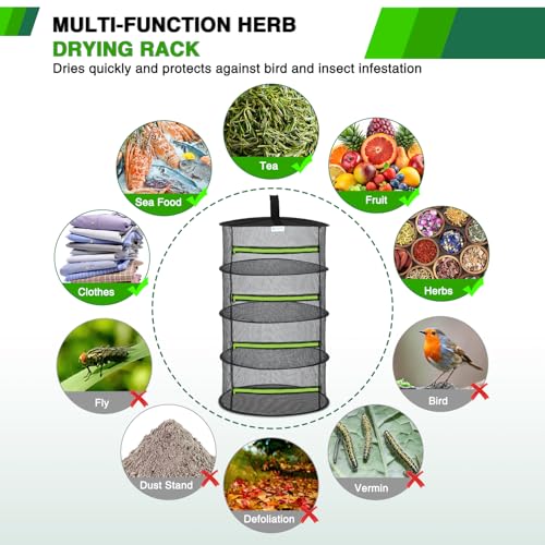 4 Layer Herb Drying Rack Hanging Mesh Net Foldable Plant Drying Racks 24" w Green Zipper Pruning Shears Hook Dryer Hanging Rack for Herbs Seed Bud Fruit Clothes Grow Tent Closets Garden Outdoor