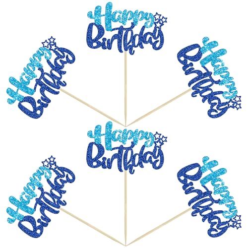 24Pcs Happy Birthday Cupcake Toppers Double Layer Glitter Happy Birthday Cake Decorations for Baby Shower Theme Kids Boys Girls Birthday Anniversary Party Decorations Supplies Blue (24 Count)