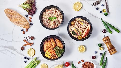 32 oz 50 ct Round Meal Prep Containers with Lids Plastic Food Storage Lunch Plan To Go Box Disposable Take Out Bowls Black BPA Free Reusable Durable Stackable Microwave Freezer Dishwasher Safe (50 Count)