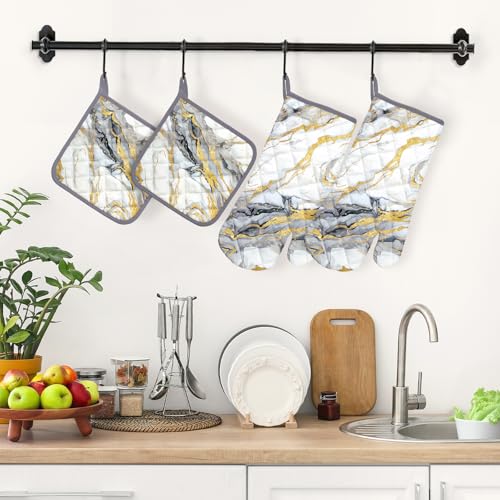 White Gold Marble Oven Mitts and Pot Holders Sets 4Pcs (4 Count)