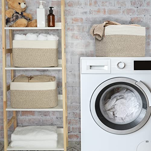 Woven Cotton Rope Storage Baskets 15x10x9.3" 3 Pack White and Brown