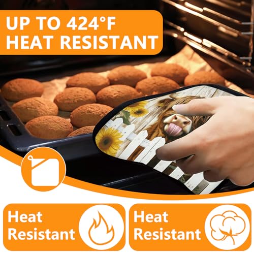 Sunflower Highland Cow Oven Mitts and Pot Holders Sets 4Pcs