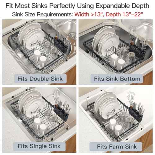 Grey Expandable Dish Drying Rack Over Sink with Extra Drying Mat